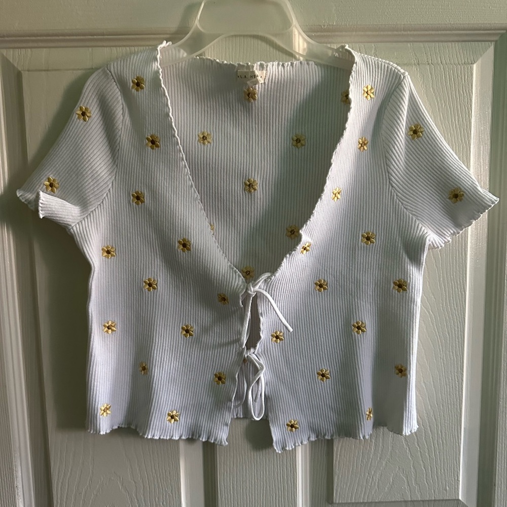 White Tie-Front Top with Yellow Floral